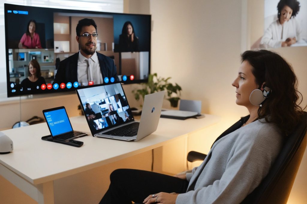 Psychotherapist conducting remote sessions through (1) (1) Psychotherapist conducting remote sessions through (1) (1)